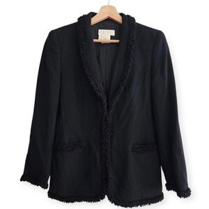 Vintage 80s Escada Wool Longline Blazer Button Front Plush Trim Black 38 (8 US)